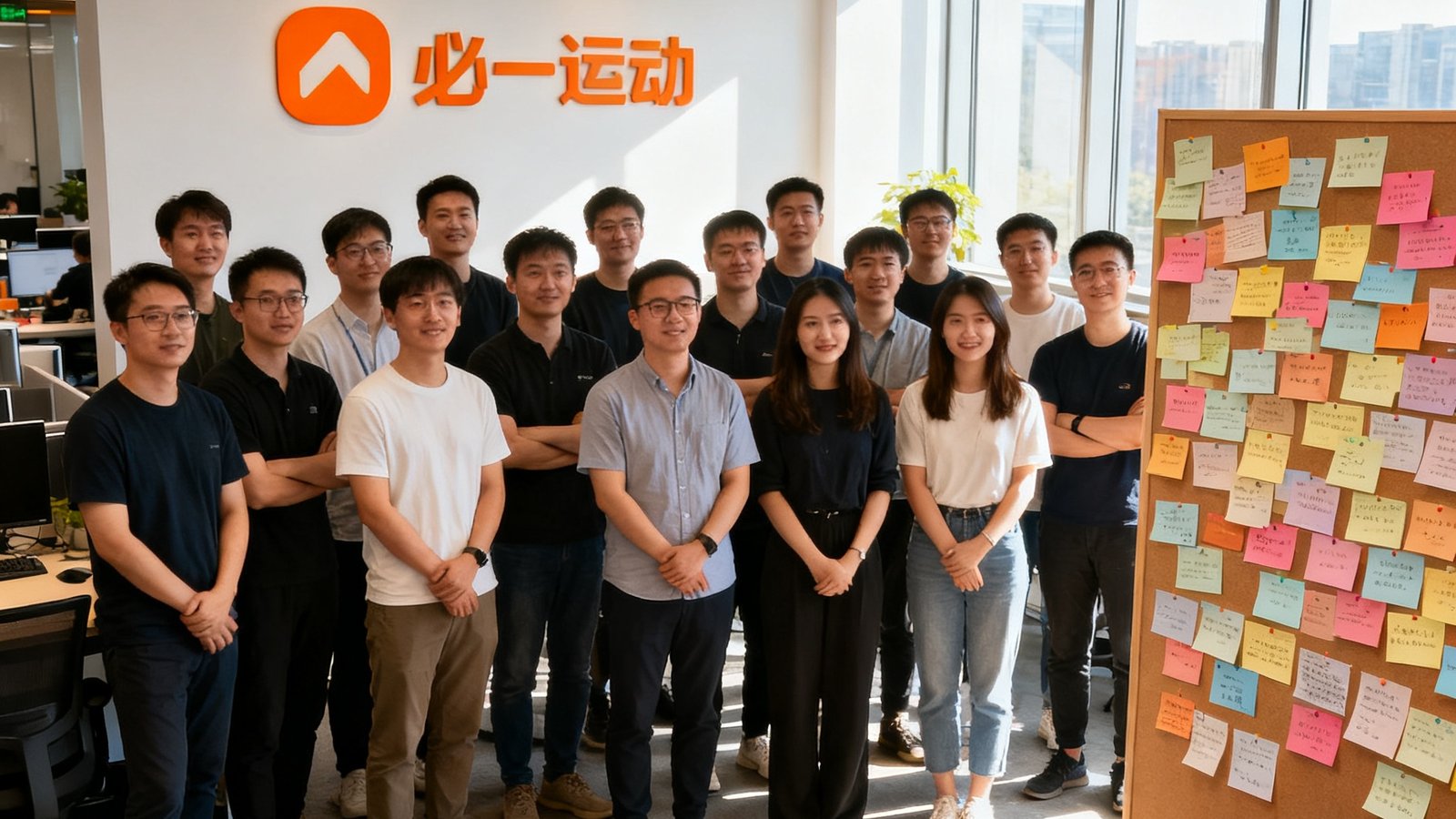 必一运动北京总部办公室内，四十余位团队成员在开放式办公区合影，背景墙上有品牌橙色logo和一面贴满用户留言的展示板，阳光从落地窗洒入。