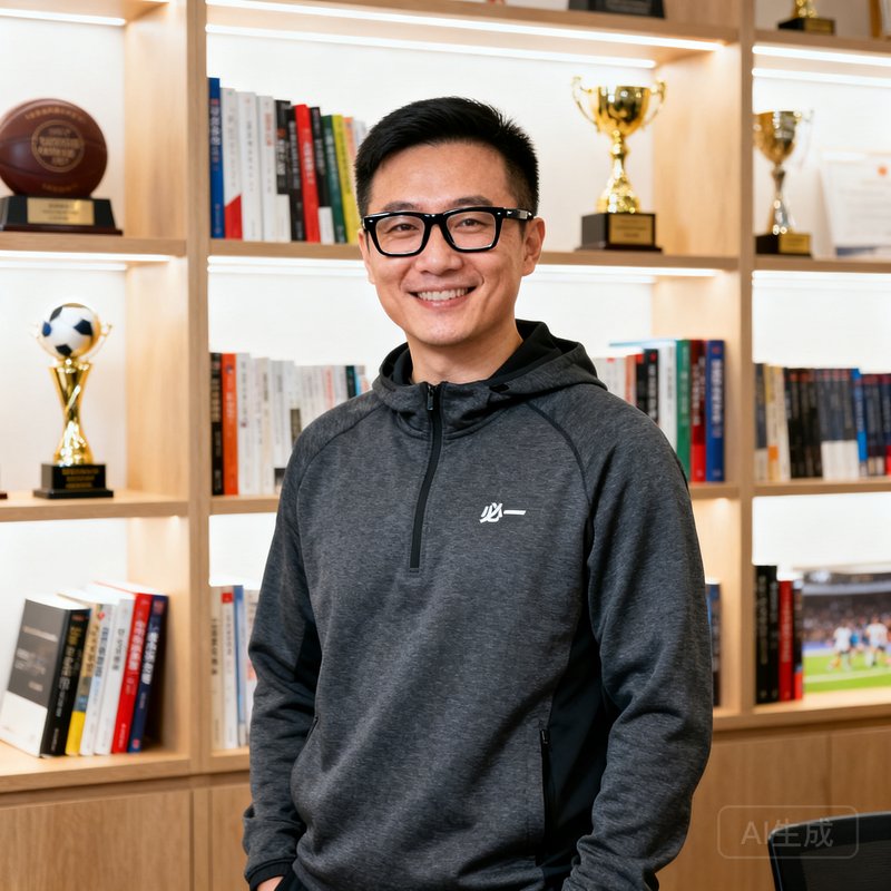 陈远航——必一运动联合创始人兼CEO，前资深体育记者，戴着黑框眼镜、身穿深灰色运动卫衣，在办公室书架前微笑看向镜头。