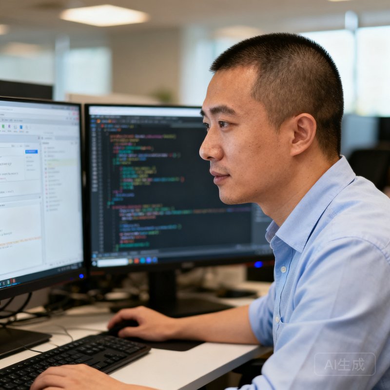 周毅——联合创始人兼CTO，互联网产品架构师，留着短寸发型、身穿浅蓝色衬衫，坐在多屏幕工作台前调试代码界面。